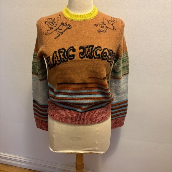 NWT Marc Jacobs Tattoo Crewneck sweater in engineered stripe camel combo - Picture 5 of 13